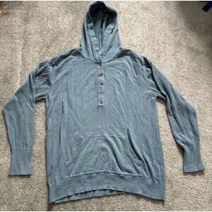 Kate Quinn Organic Blue Cotton Hooded Sweater Womens Size Medium Pocket Buttons